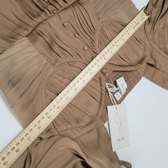 NEW JOIE TAUPE SILK FEEL SMOCKED CORSET PEASANT BLOUSE ULLA TOP M MEDIUM NWT - Picture 4 of 11